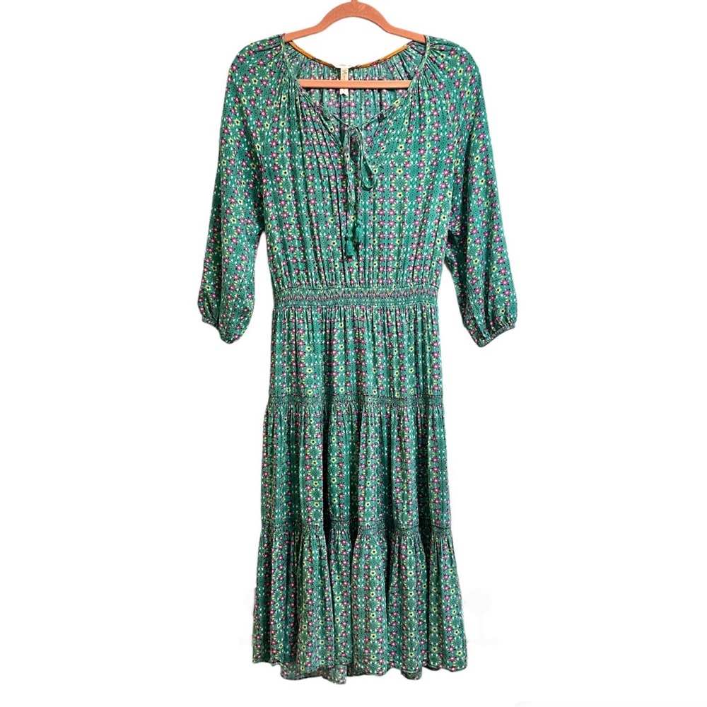 Matilda Jane tiered green ditsy floral long sleeve midi dress, size xs
